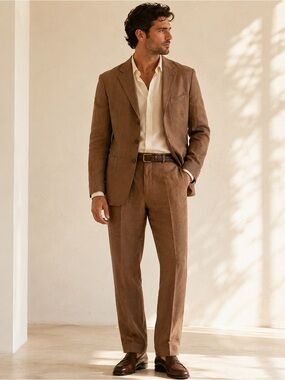 Italian Tailoring Linen Suit 2-Piece Set Tan Brown Sartoria Veneta Sz 44R US